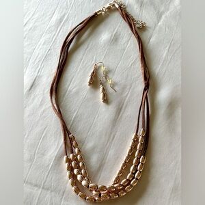 Boho Vintage 1946 Bronze Leather & Bead Multi Strand Necklace Earring Set